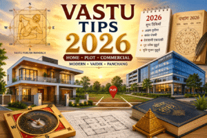 Vastu Tips 2026 की चित्रात्मक प्रस्तुति जिसमें आधुनिक घर, कमर्शियल ऑफिस, प्लॉट, वास्तु पुरुष मंडल, पंचांग और वास्तु कंपास दर्शाए गए हैं।